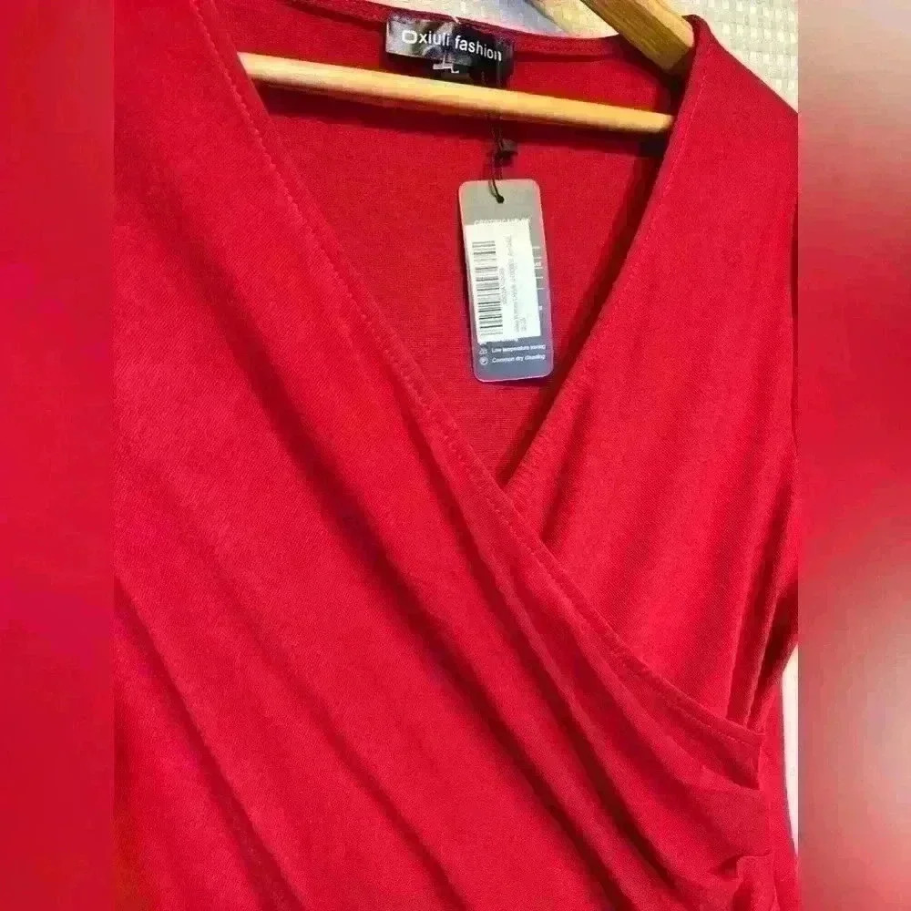 NWT! Beautiful Red Dress Oxiuly Womens V Neck, Slim Ruffle Pencil stretch Size L - Picture 3 of 6
